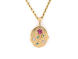 45175 - SOLD - Gold Ruby Diamond Turquoise Locket Charm Pendant Necklace