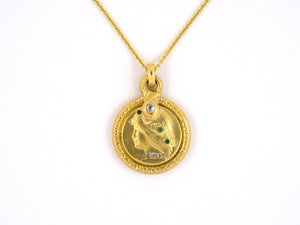 45180 - SOLD - Art Nouveau Austrian Gold Diamond Emerald Woman Profile Locket Pendant Necklace
