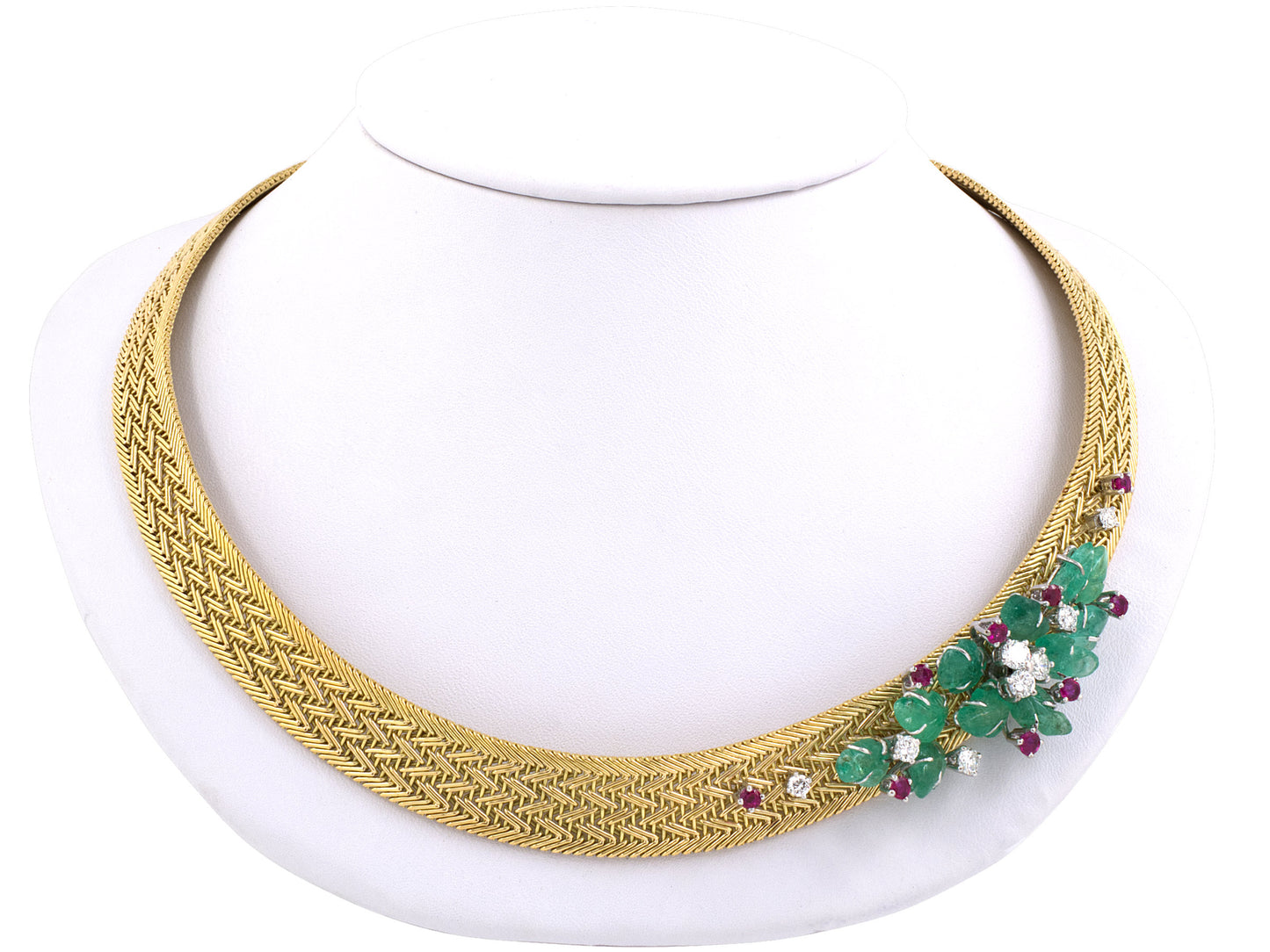 45182 - SOLD - Circa 1970 Gold Platinum Diamond Emerald Ruby Floral Ornament Woven Necklace