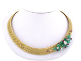 45182 - Circa 1970 Gold Platinum Diamond Emerald Ruby Floral Ornament Woven Necklace