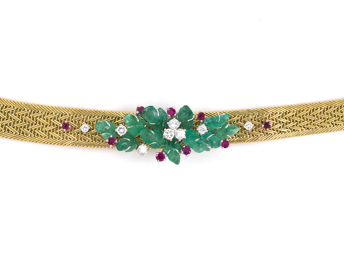 45182 - SOLD - Circa 1970 Gold Platinum Diamond Emerald Ruby Floral Ornament Woven Necklace