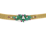 45182 - Circa 1970 Gold Platinum Diamond Emerald Ruby Floral Ornament Woven Necklace