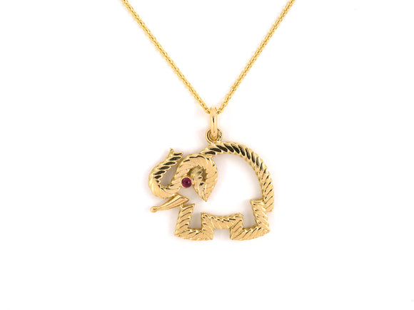 45185 - SOLD - Circa 1963 Van Cleef & Arpels Gold Cabochon Ruby Elephant French Pendant Necklace