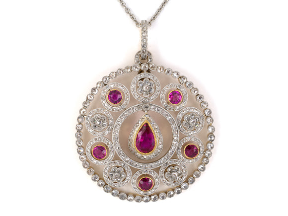 45188 - Victorian Circa 1890 Platinum Gold AGL Ruby Diamond Circular Pendant Necklace