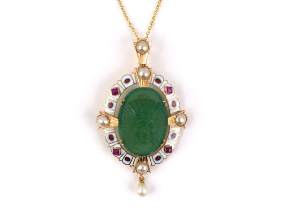 45190 - Victorian Egyptian-Revival Gold Carved Green Onyx Ruby Pearl Enamel Pendant Necklace