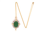 45190 - Victorian Egyptian-Revival Gold Carved Green Onyx Ruby Pearl Enamel Pendant Necklace