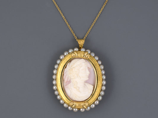 45193 - SOLD - Gold Pearl White On Pink Shell Cameo Pin Pendant Necklace
