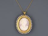 45193 - Gold Pearl White On Pink Shell Cameo Pin Pendant Necklace