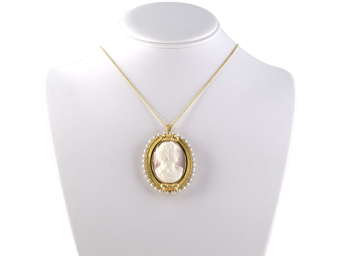 45193 - SOLD - Gold Pearl White On Pink Shell Cameo Pin Pendant Necklace