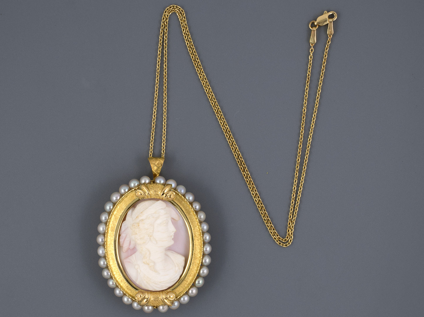 45193 - SOLD - Gold Pearl White On Pink Shell Cameo Pin Pendant Necklace