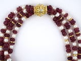 45198 - SOLD - Webb Gold Platinum Diamond Ball Clasp Pink Tourmaline Pearl 3 Strand Necklace