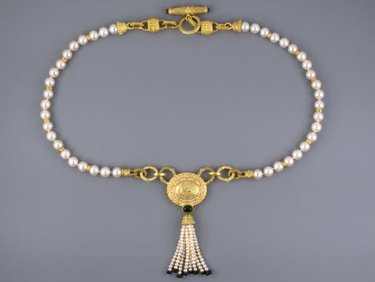 45200 - Penny Preville Gold Diamond Ruby Tourmaline Horse Akoya Pearl Sabi Rondel Tassel Necklace