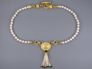 45200 - Penny Preville Gold Diamond Ruby Tourmaline Horse Akoya Pearl Sabi Rondel Tassel Necklace