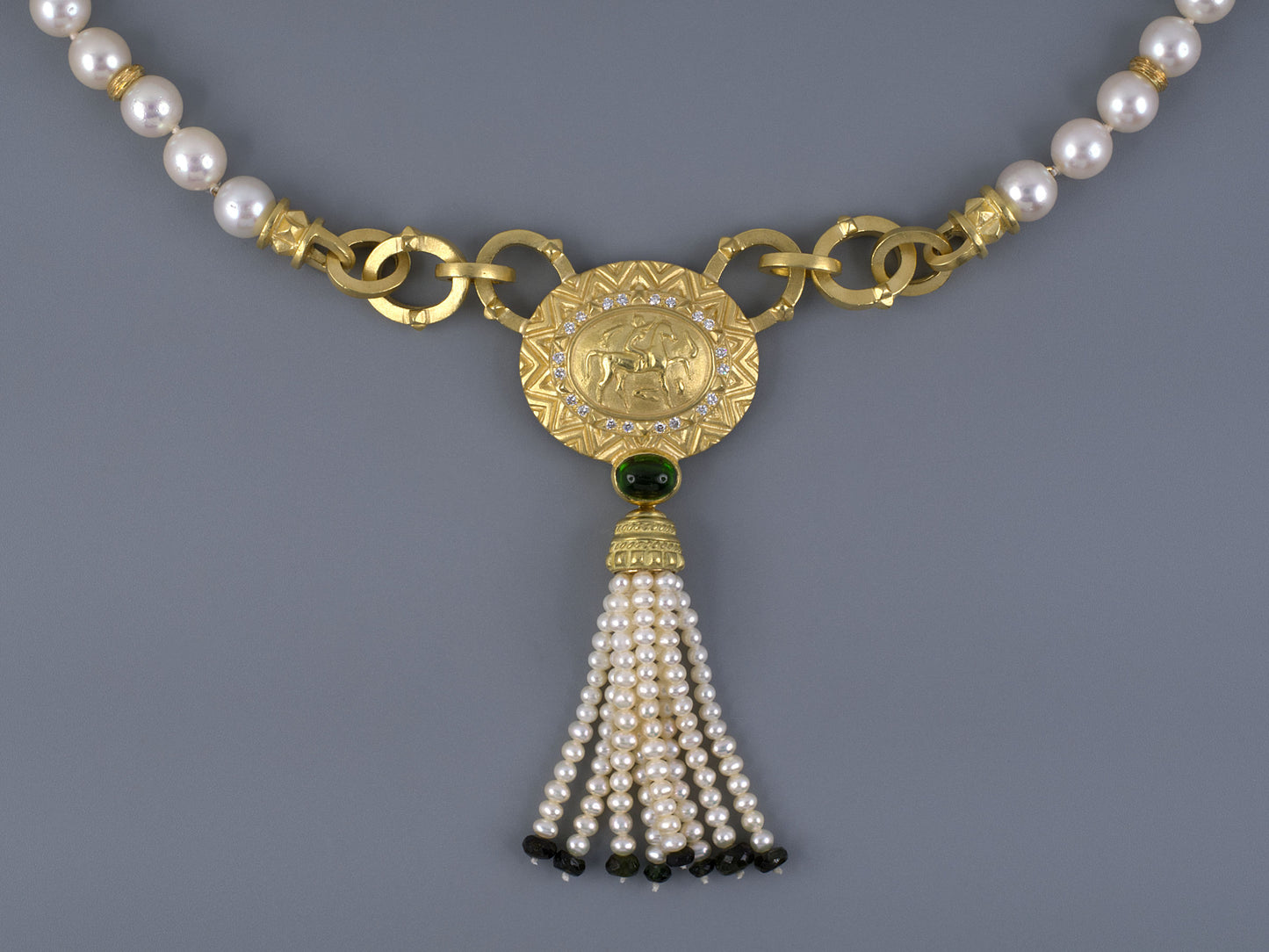 45200 - Penny Preville Gold Diamond Ruby Tourmaline Horse Akoya Pearl Sabi Rondel Tassel Necklace