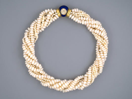 45203 - Gold Diamond Blue Enamel Sapphire Pearl 6 Strand Necklace