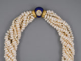 45203 - Gold Diamond Blue Enamel Sapphire Pearl 6 Strand Necklace