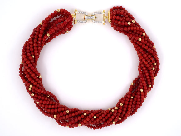 45210 - Gold Diamond Buckle Clasp Coral Bead Torsade Necklace