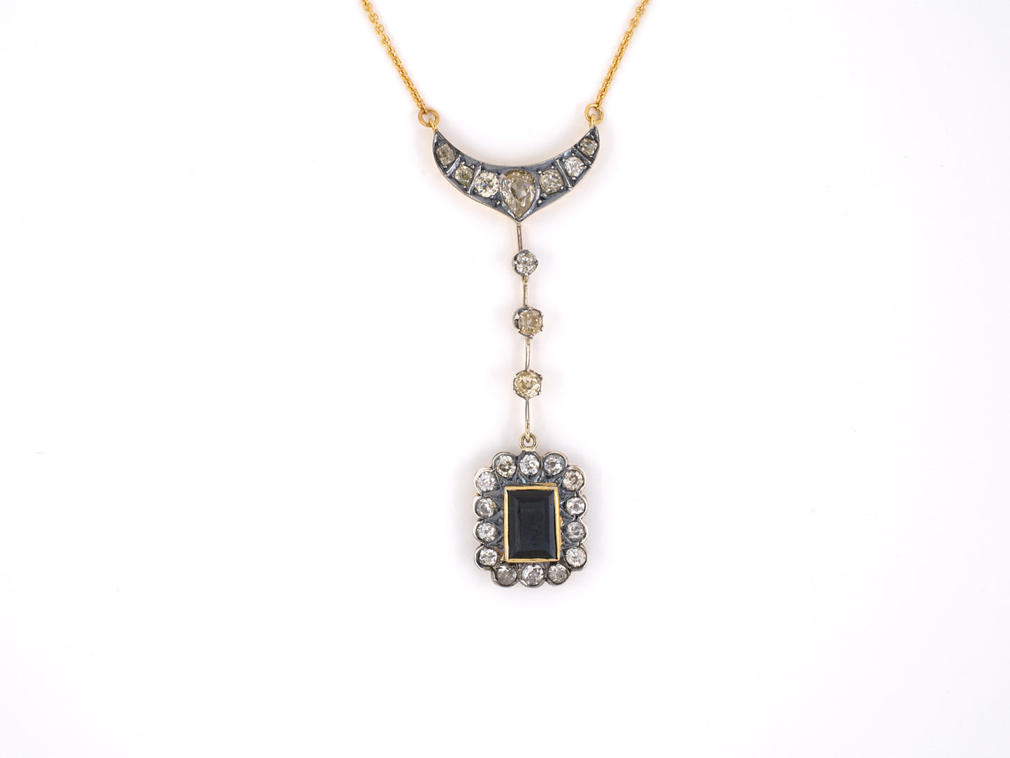 45212 - SOLD - Victorian Silver On Gold AGL Sapphire Diamond Sautoir Drop Pendant Necklace