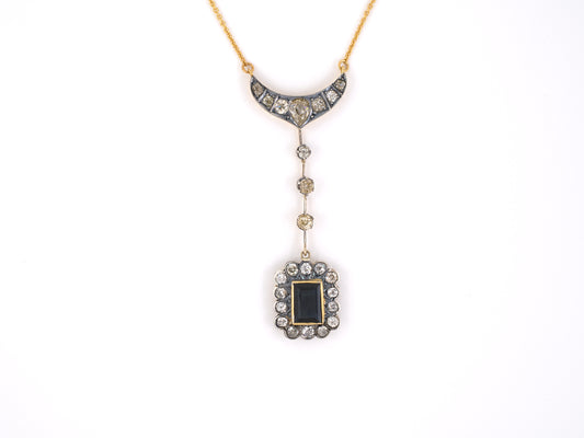 45212 - SOLD - Victorian Silver On Gold AGL Sapphire Diamond Sautoir Drop Pendant Necklace