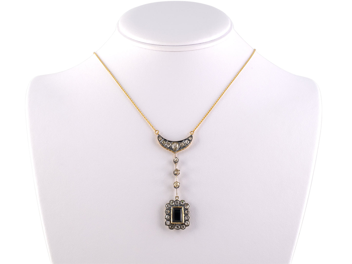 45212 - SOLD - Victorian Silver On Gold AGL Sapphire Diamond Sautoir Drop Pendant Necklace