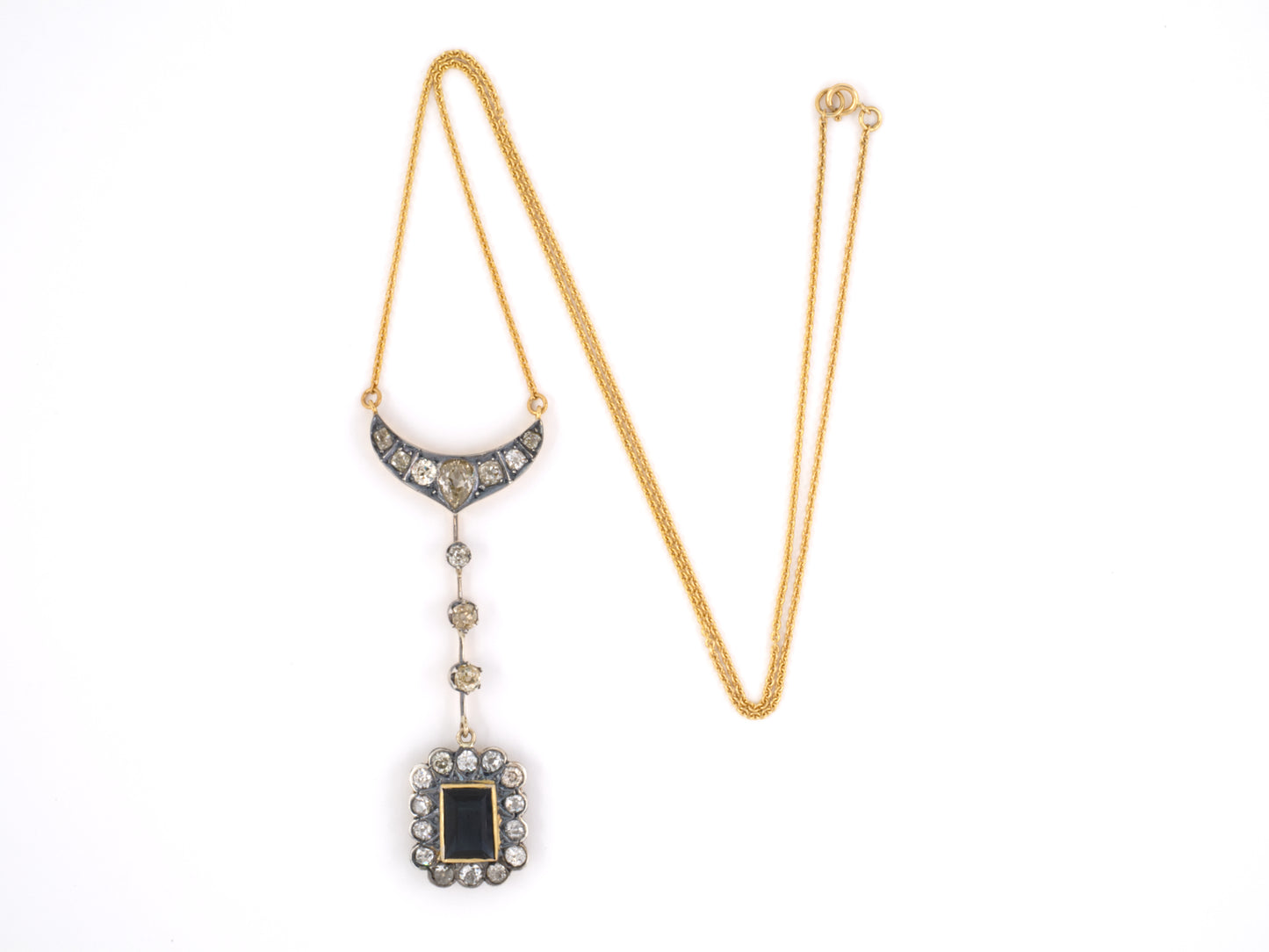 45212 - SOLD - Victorian Silver On Gold AGL Sapphire Diamond Sautoir Drop Pendant Necklace