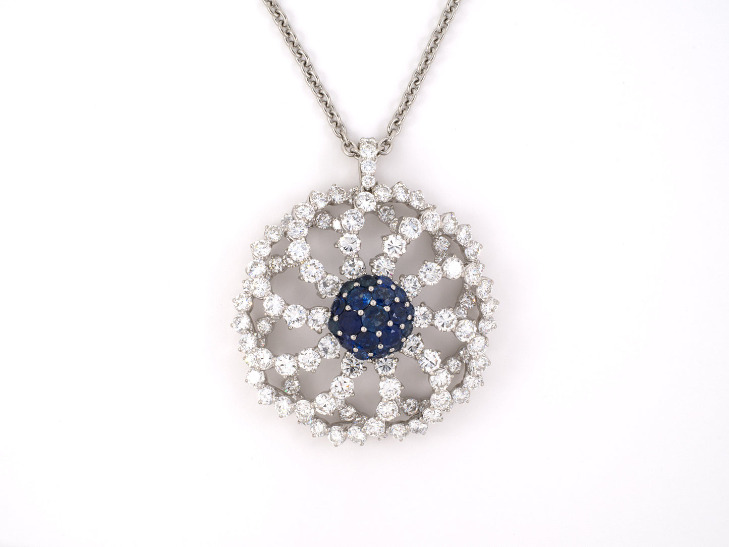 45224 - Platinum Sapphire Diamond Pinwheel Swirl Cluster Pendant Necklace