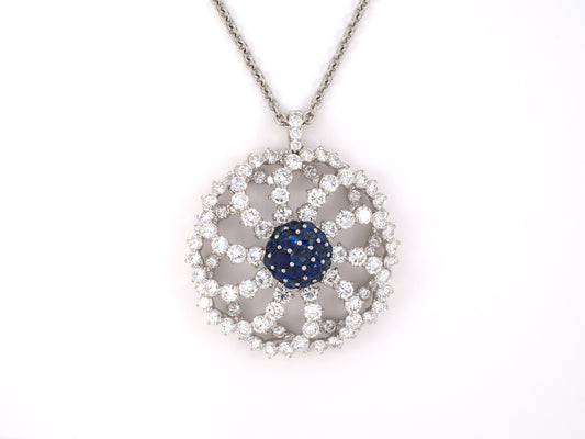 45224 - Platinum Sapphire Diamond Pinwheel Swirl Cluster Pendant Necklace