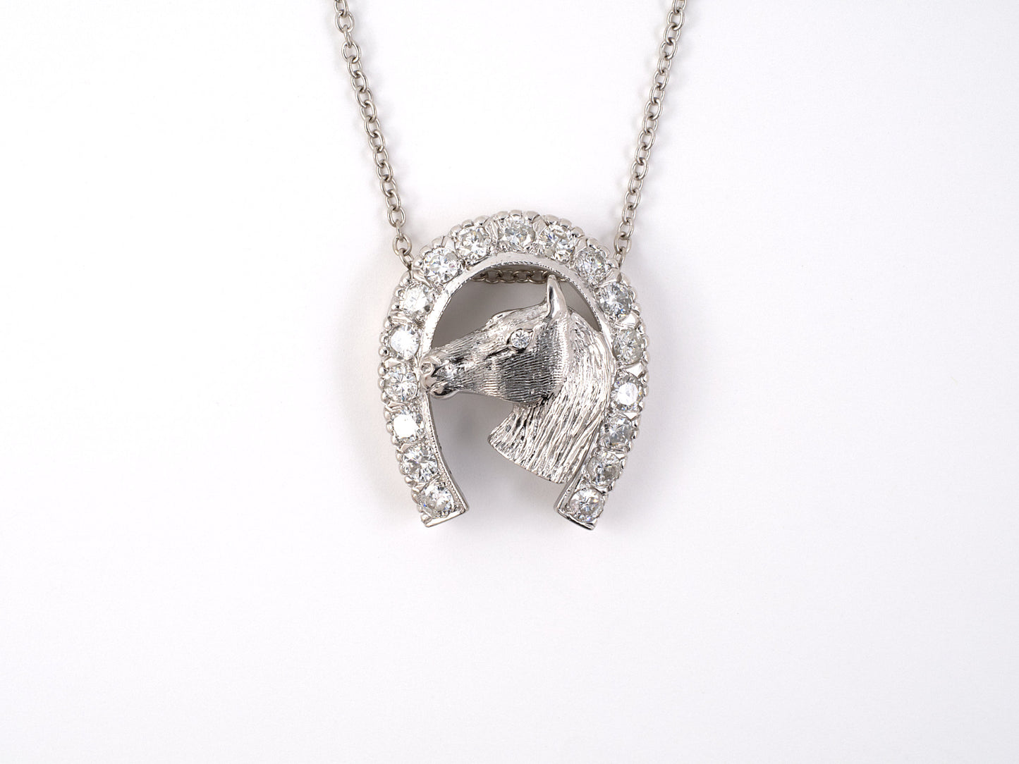 45235 - SOLD - Gold Diamond Carved Horse Head In Horseshoe Pendant Necklace