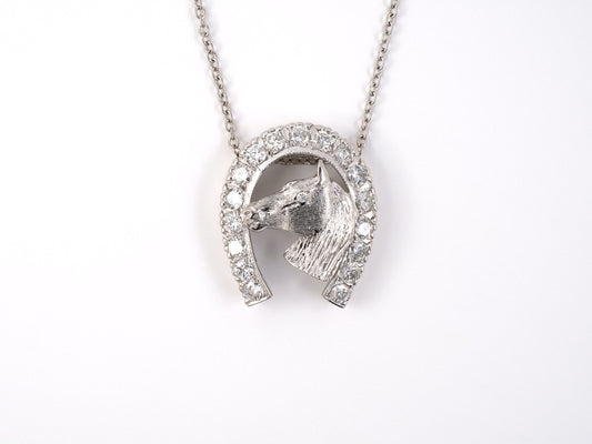 45235 - SOLD - Gold Diamond Carved Horse Head In Horseshoe Pendant Necklace