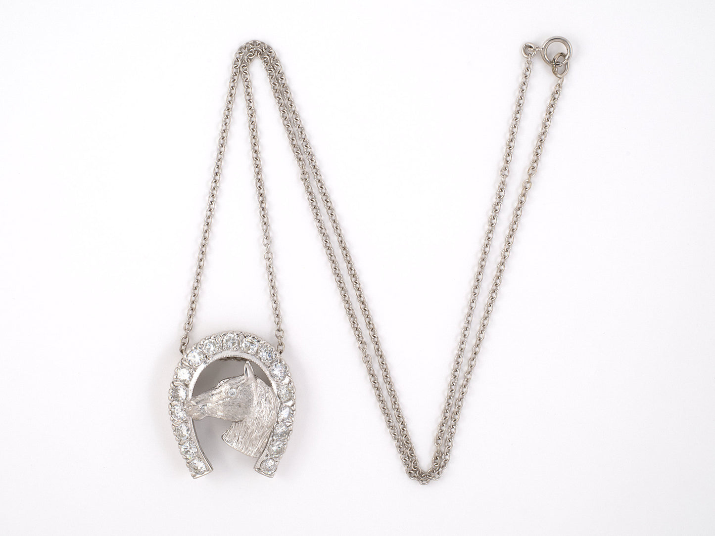 45235 - SOLD - Gold Diamond Carved Horse Head In Horseshoe Pendant Necklace