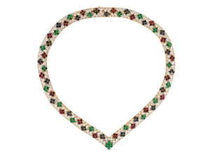 45236 - SOLD - Hammerman Pederzani Circa 1980s Gold Diamond Ruby Sapphire Emerald Necklace