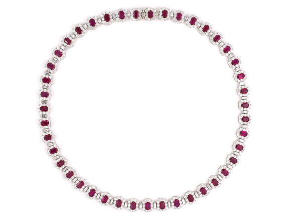 45241 - Platinum Burma Ruby Diamond Cluster Link Necklace