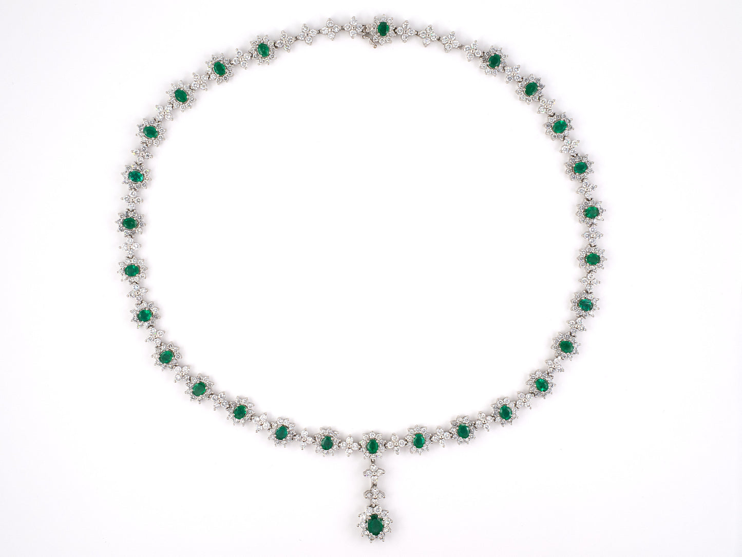 45243 - SOLD - Platinum Emerald Diamond Oval Cluster With Removable Drop Pendant Necklace