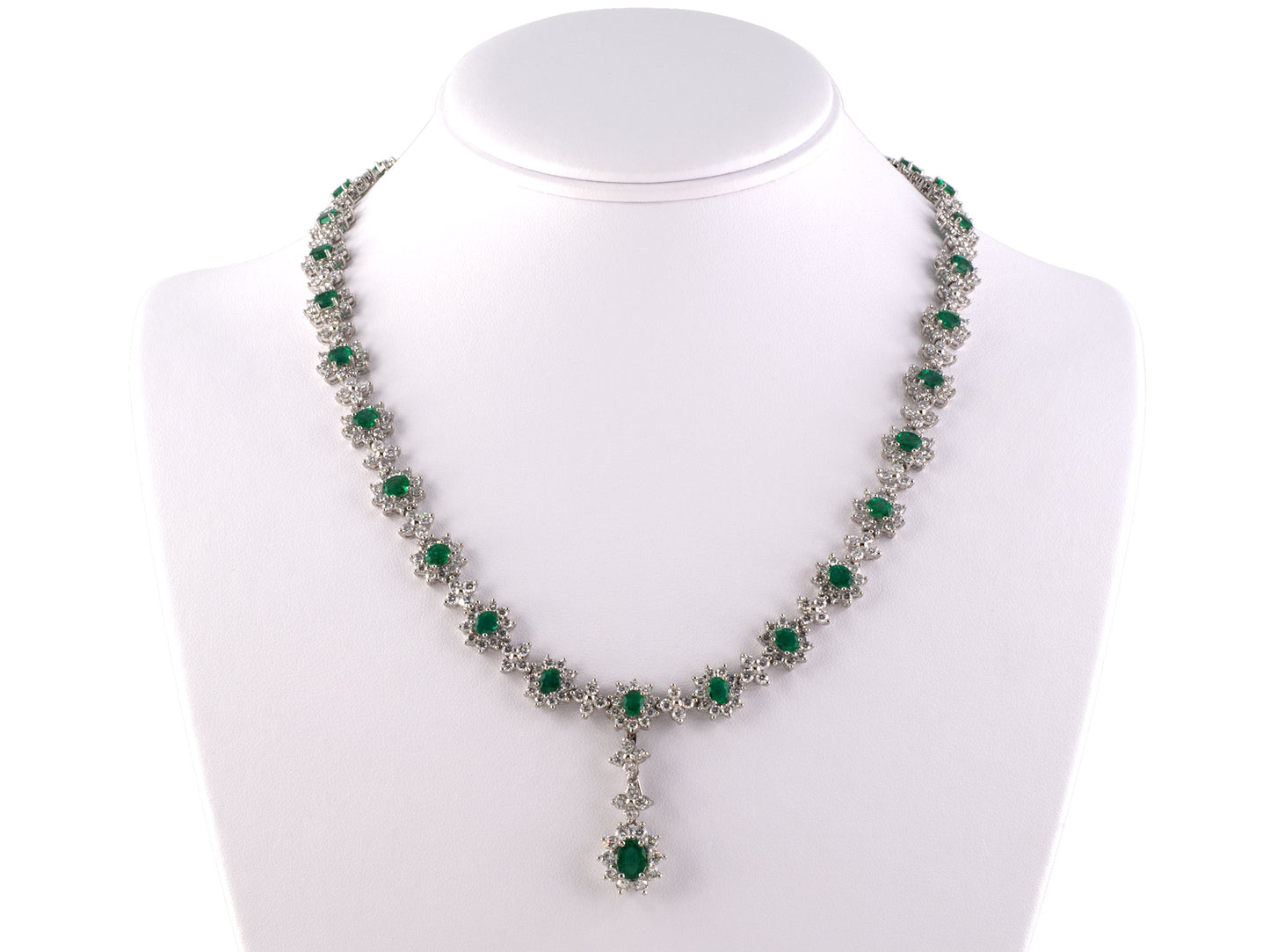 45243 - SOLD - Platinum Emerald Diamond Oval Cluster With Removable Drop Pendant Necklace