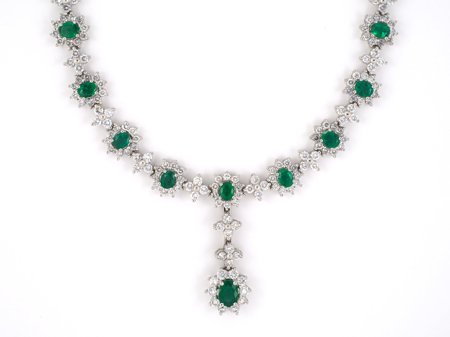 45243 - SOLD - Platinum Emerald Diamond Oval Cluster With Removable Drop Pendant Necklace