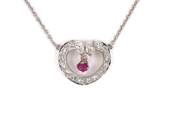 45252 - SOLD - Gold Diamond Ruby Drop Heart Shape Pendant Necklace