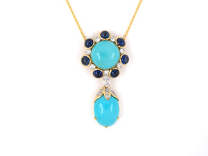 45255 - Gold Platinum Turquoise Sapphire Diamond Cluster Drop Pendant Necklace