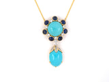 45255 - Gold Platinum Turquoise Sapphire Diamond Cluster Drop Pendant Necklace