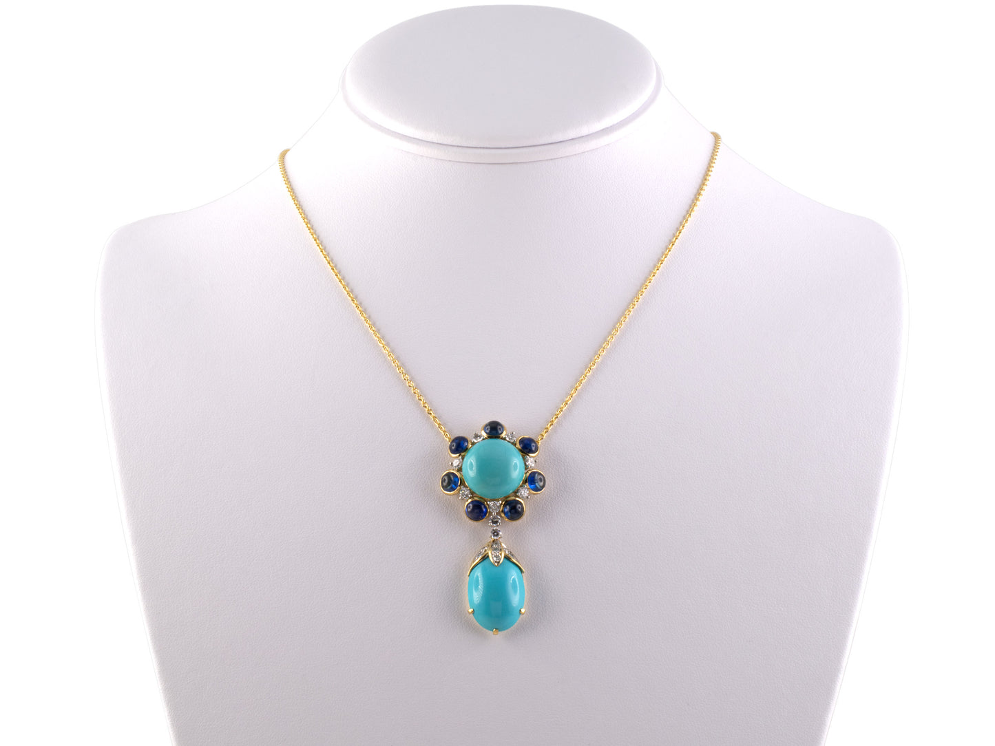 45255 - Gold Platinum Turquoise Sapphire Diamond Cluster Drop Pendant Necklace