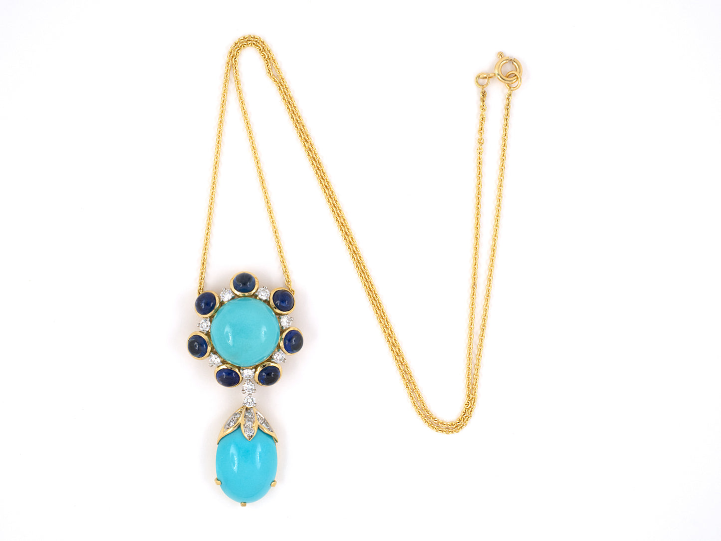 45255 - Gold Platinum Turquoise Sapphire Diamond Cluster Drop Pendant Necklace