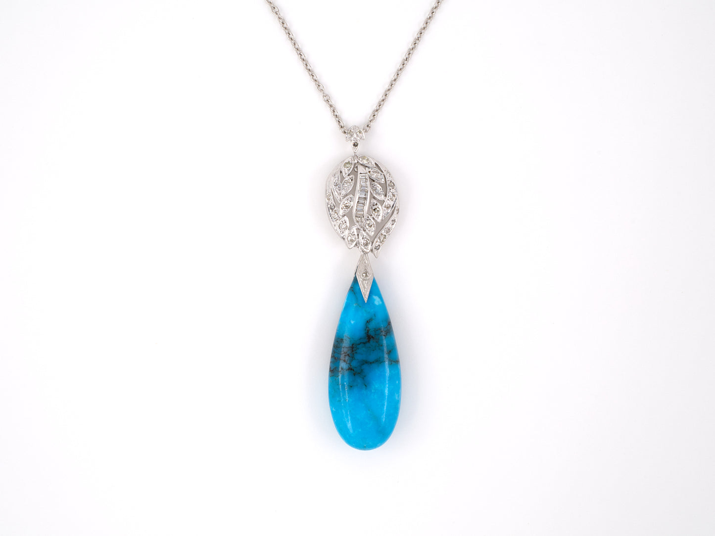 45260 - Platinum Gold Turquoise Diamond Dangle Drop Pendant Necklace