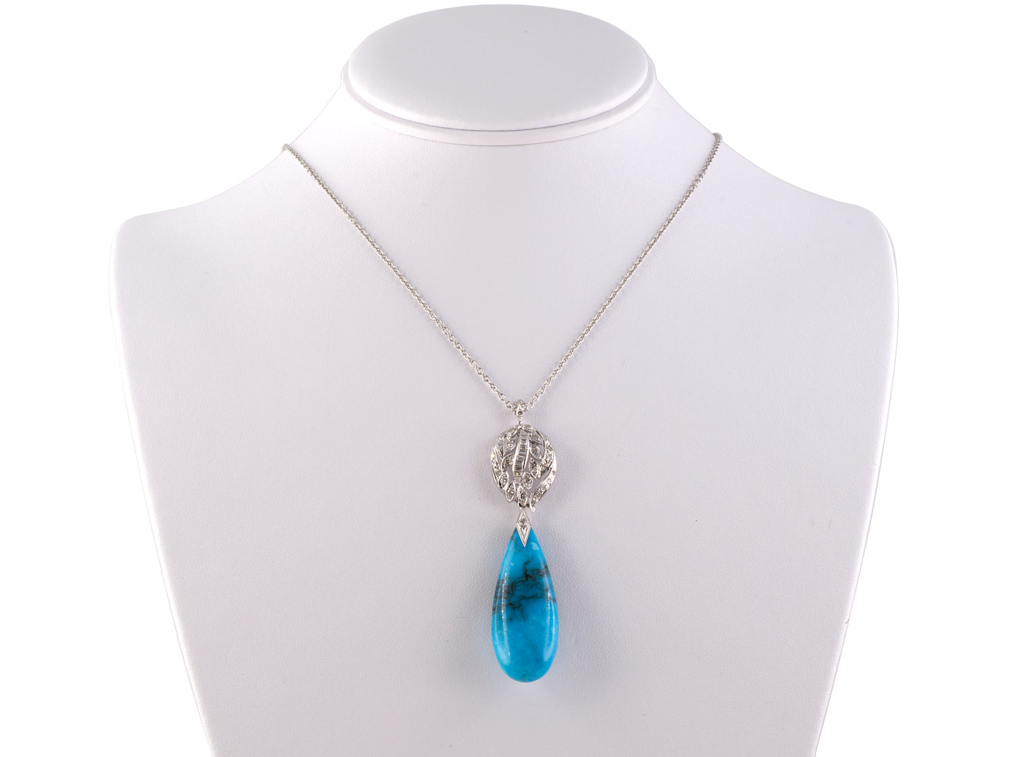 45260 - Platinum Gold Turquoise Diamond Dangle Drop Pendant Necklace