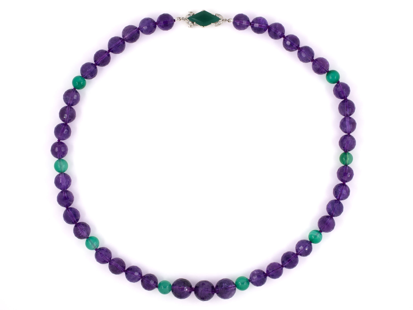 45263 - Art Deco Clasp Platinum Rose Cut Diamond Green Onyx Clasp With Amethyst Green Onyx Bead Necklace