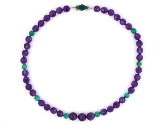 45263 - Art Deco Clasp Platinum Rose Cut Diamond Green Onyx Clasp With Amethyst Green Onyx Bead Necklace