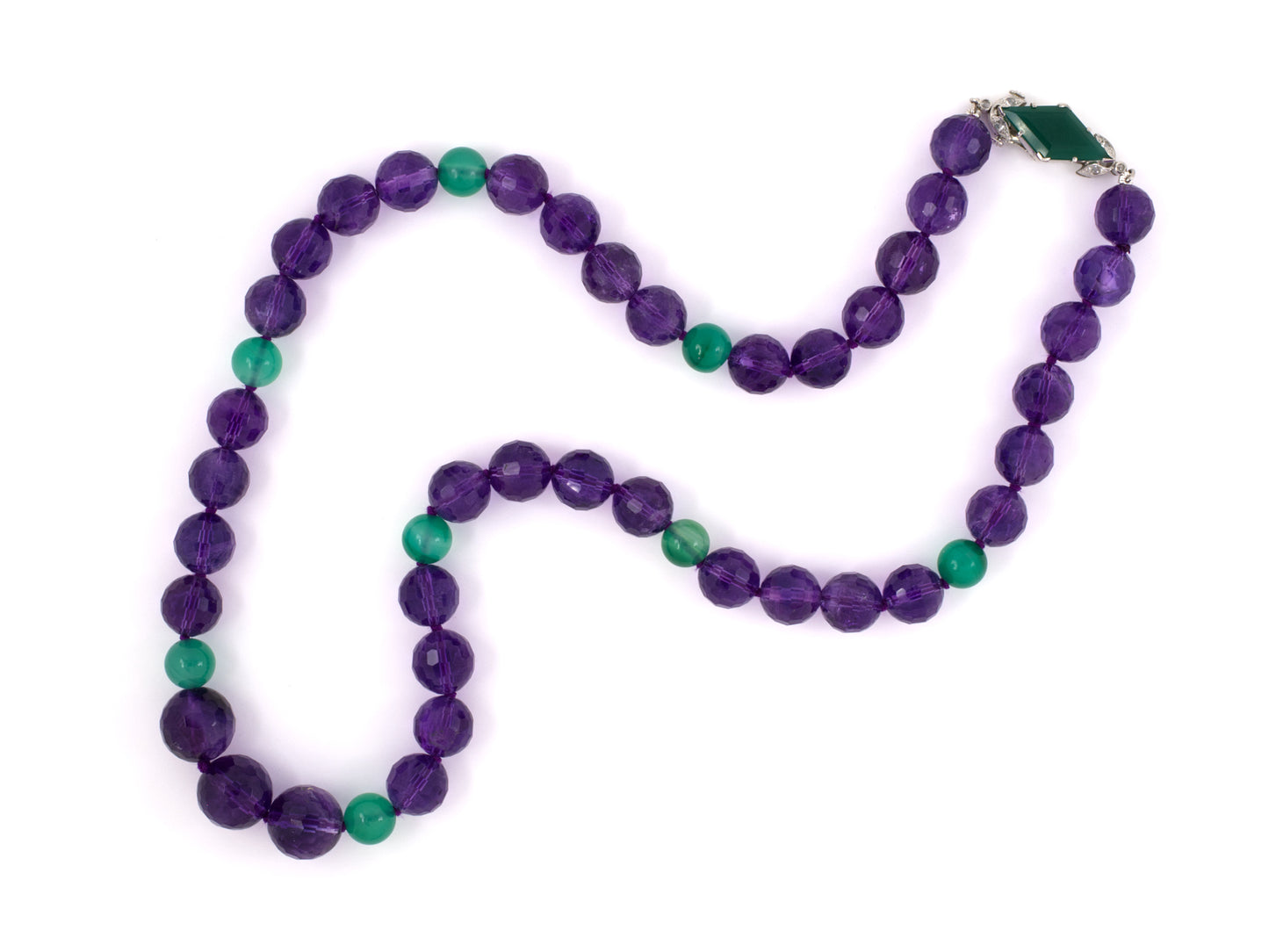 45263 - Art Deco Clasp Platinum Rose Cut Diamond Green Onyx Clasp With Amethyst Green Onyx Bead Necklace