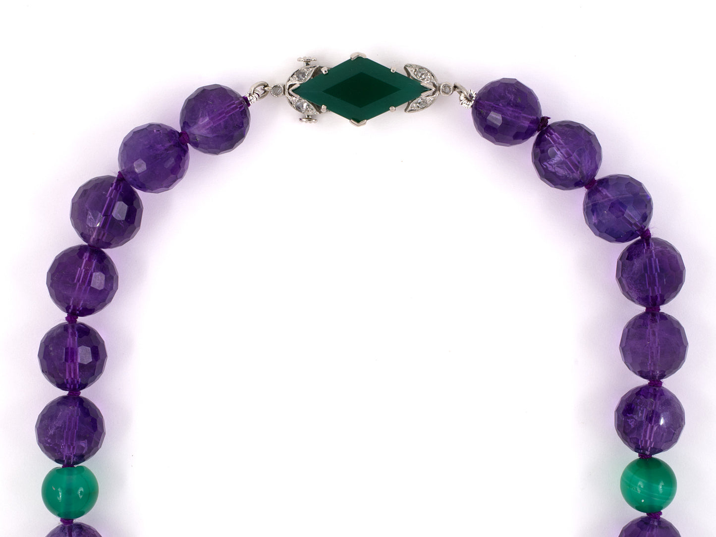 45263 - Art Deco Clasp Platinum Rose Cut Diamond Green Onyx Clasp With Amethyst Green Onyx Bead Necklace