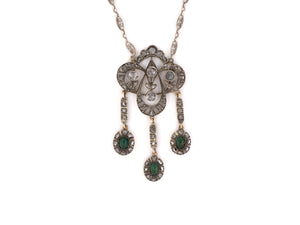 45265 - SOLD - Circa 1950 Silver Gold Diamond Emerald Cluster Drop Necklace