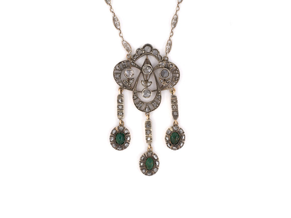 45265 - SOLD - Circa 1950 Silver Gold Diamond Emerald Cluster Drop Necklace