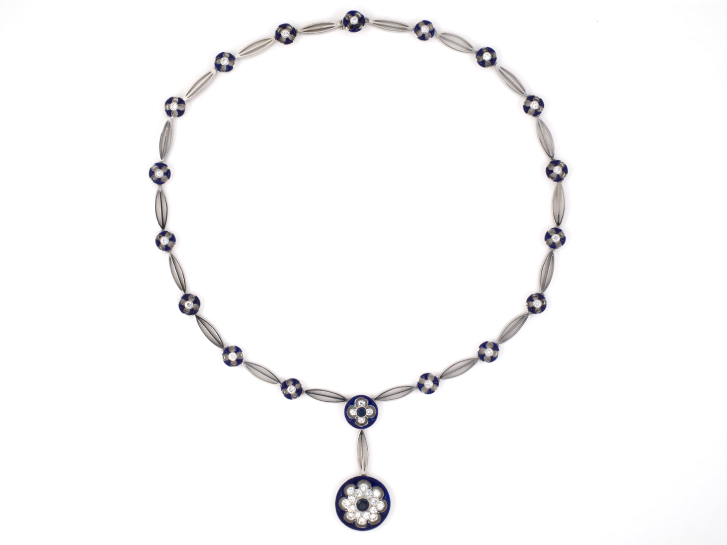 45273 - SOLD - 18K Sapphire Diamond Cluster Blue Enamel Link Necklace