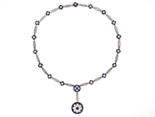 45273 - SOLD - 18K Sapphire Diamond Cluster Blue Enamel Link Necklace